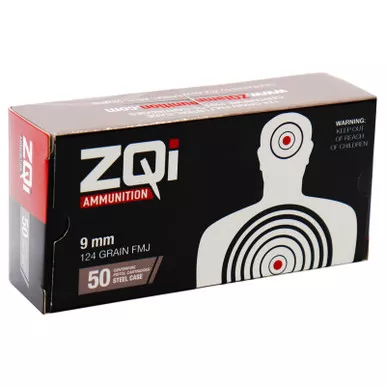 ZQI Ammunition Ammo | 9mm | 124 Grain | Full Metal Jacket | 50 Round Box | ZQI124GRST